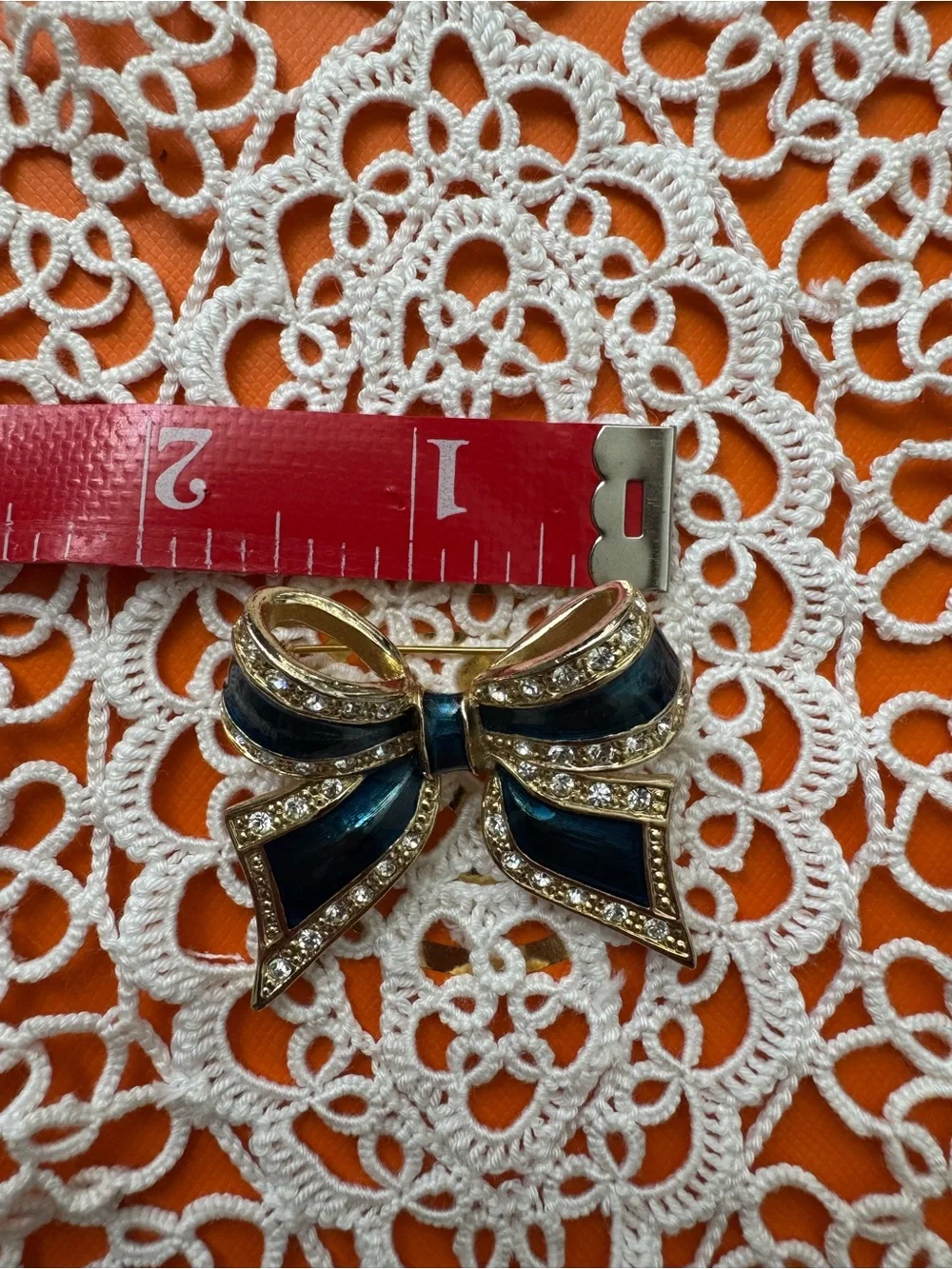 Nolan Miller Navy Enamel Bow Brooch with Crystal Trim